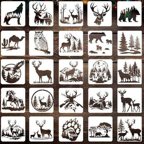 25 Stück Waldtier Schablonen 15x15cm | Wildtier Schablonen, Hirsch, Bären, Wolf und Elch Zeichenschablonen für Winter und Weihnachtsbasteleien und Dekorationen