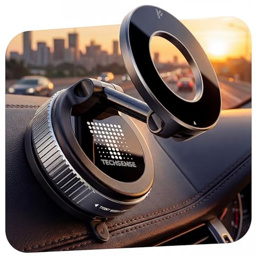 TECH SENSE Vacuum Magnetic Phone Holder for Car, Suction Cup Car Mount for Magsafe 360° Rotatable, Phone Holder for iPhone 17 16 15 13 12 Pro/Max, Samsung on Mirror, Smooth Surface - Black
