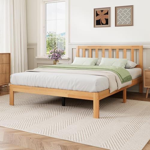 Novilla 12 Inch Queen Bed Frame with Headboard, Queen Size BedFrame with Headboard Classic Wooden Bed Frame Queen Size with Wood Slat Support, No Box Spring Needed, Easy Assembly, Natural Grain Wood