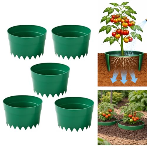 Plant Grow Rings for Tomatoes and Young Plants, Set of 5 Green Watering Rings, 20cm Diameter x 18cm Height, Reusable Stackable Garden Watering Collars