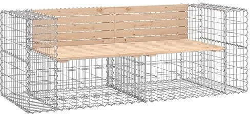 GeenYuu Gabion Garden Bench with Solid Pine Seat, 184 x 71 x 65.5 cm, Sturdy Metal Bench for Patio, Balcony, Garden with Backrest and Armrest, Ideal as a Seat and Rest Bench