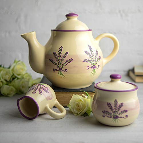 City to Cottage | Service à thé | beige à motif lavande en céramique fait et peint à la main | grande théière 1,7L 4-6 tasses, pot à lait, sucrier