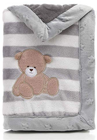 LANDOR Babydecke, Doppelschichten Flanell weiche Babydecke Winter warme Streifen Plüsch Kleinkind Decke bequeme Kinderwagen Decke (Grauer Bär)