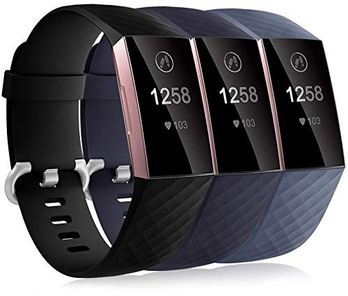 Dirrelo 3 Pack Compatible con Fitbit Charge 3 Correa/Fitbit Charge 4 Correa/Charge 3 SE Correa para Mujeres Hombres, Pulsera Deportiva de Repuesto Ajustable de Silicona Suave, Nero+Blu+Blu Grigio S