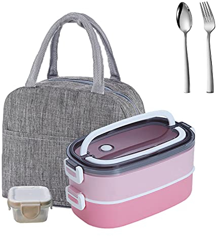 LUNALING Porta Pranzo da Lavoro a 2 Strati Senza perdite, bento Box da 1600 ml/56oz, Adatto per Studio e Lavoro. Scatola bento (con Borsa Isolante), Riscaldamento a microonde.