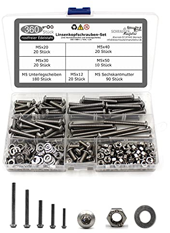 DSM – 240 teiliges Set Linsenkopfschrauben M5 – Torx – Edelstahl A2 | nach ISO 7380-1 [TrueSpec Präzision] Schrauben rostfrei – Vollgewinde, Halbrundkopf – Flachkopfschrauben Möbelschrauben