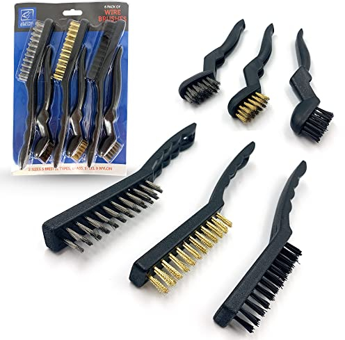 6 Pieces Small Wire Brush Set – Pair of Steel Brush, Brass Brush, and Nylon Brush in Small and Mini Wire Brush Sizes, Multipurpose Wire Brushes for Cleaning Rust and Heavy Dirt