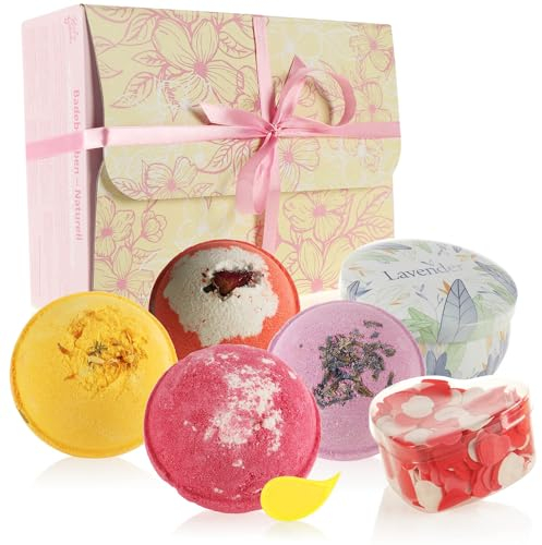 Robin Goods® Juego de Bombas de baño de 6 Piezas - Vela de Cera de Soja y Confeti de baño - Bombas de baño - Set de Regalo para el día de la Madre (4 Piezas - con Vela y Confeti)