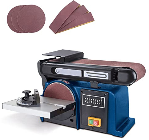 Scheppach Ponceuse à Bande et à disque BTS800 | Puissance 370W | Longueur de bande 715mm-Largeur 100mm | Plateau de Ponçage Ø150mm | Table d'appui réglable de 90°à 45° | Vitesse 7,5m/s + 6 abrasifs