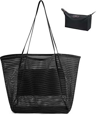 flintronic Borsa da Spiaggia Donna, Borsa da Spiaggia in Rete, Borse a tracolla da spiaggia, con borsa cosmetica portatile, Perfetto per Feste in Spiaggia Viaggi Picnic Vacanze Shopping-Nero