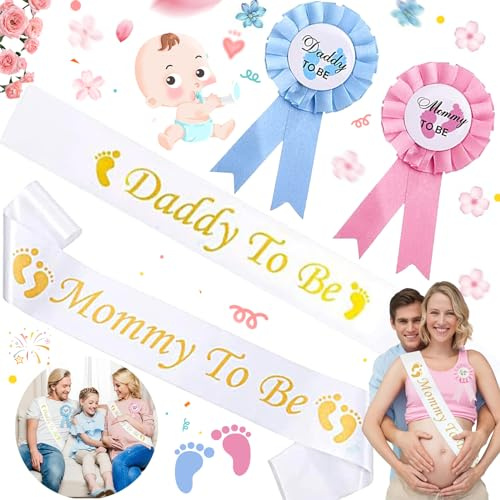 dcas 4 Stück Schärpe Für Baby Shower, Daddy Und Mom to Be Abzeichen, Baby Shower Schärpe Deko Set, Für Baby Willkommensparty, Kleine Fußspuren, Goldene Schriftart(Weiß, Rosa, Blau)