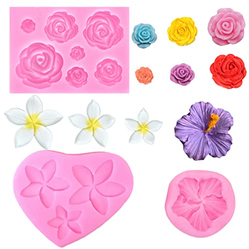 Nifocc 3 unidades 3D flores fondant forma rosas, flores, molde para pasteles, hibisco, frangipani, molde fundición, moldes para cupcakes, silicona para chocolate magdalenas, dulces, gelatina, dulces