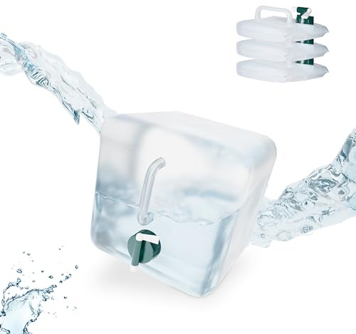 Relaxdays hopfällbar vattenkanister set om 4, 5 liter, hopfällbar vattenkanister med kran, BPA-fri, livsmedelssäker, transparent/grön