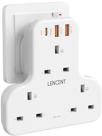 LENCENT 3 Way Plug Adaptor with 3 USB Slots PD&QC 20W, Multi Plug Extension 3 Plugs USB Socket, 6-in-1 Extender Power Adapter UK, Wall Expander for Home, Office, Kitchen, 13A 3250W