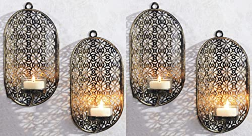Novaliv 4X Wandkerzenhalter Vintage Metall mit Glas 6 x 10 x 19 cm Gold orientalisch Kerzenhalter Wand Teelichterhalter Deko Wohnzimmer Dekoration Wanddeko Deko Teelicht Wandhalter