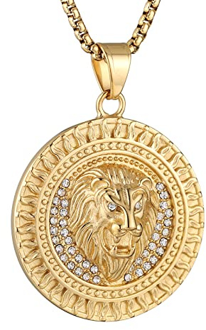 AsAlways 18K Gold Plated Lion Head Pendant Inlay CZ Vintage Hip Hop Viking Rock Punk Animal Totem Amulet Medal Charm Necklace Jewelry