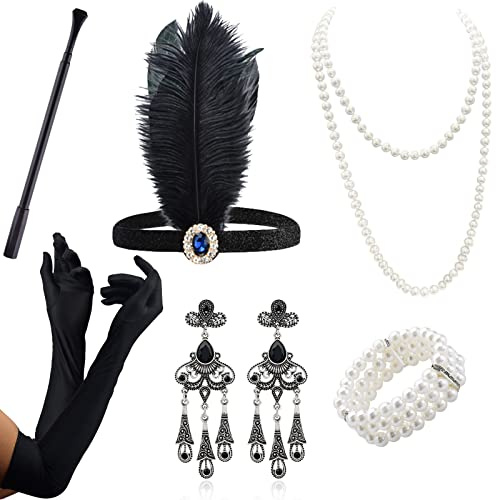 ZOCONE 8-teiliges Set Accessoires für Damen, Federband, lange Handschuhe, Halskette mit Perlen, Gatsby Kostüm, Set Charleston, Zubehör für Halloween, Weihnachten, 20er Jahre, Party, Ballzubehör (Blau)
