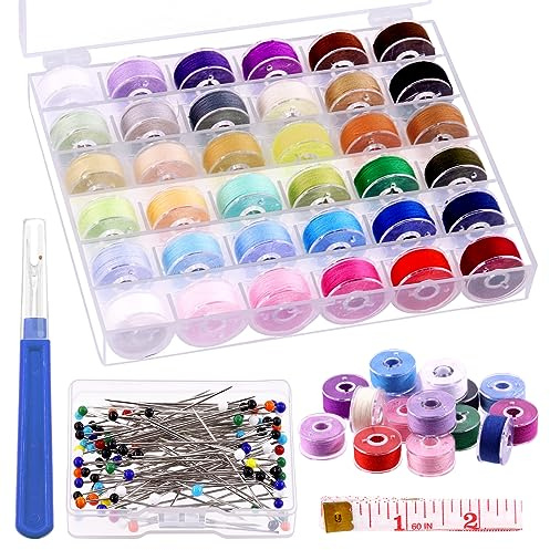Swpeet 138Pcs 36 Couleurs Bobines Set de fil de Couture avec Boîte de, fil avec Broches à Coudre, Ruban de Mesure, Outil de Détournement, Compatible avec la Machine de Broderie Brother/Babylock
