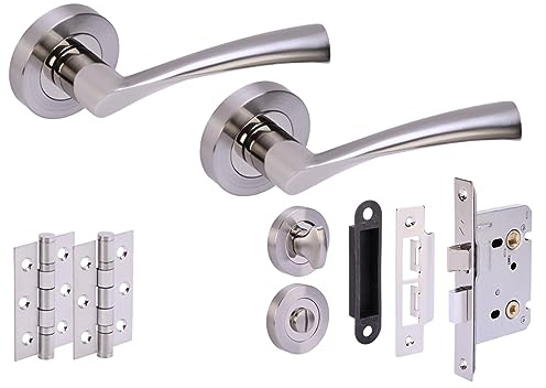 Hunta HANDLEZONE® Lobo Door Handles on Rose Bathroom Lock Pack with 75mm Ball Bearing Hinges and 76mm Lock - Dual Polished/Satin Nickel