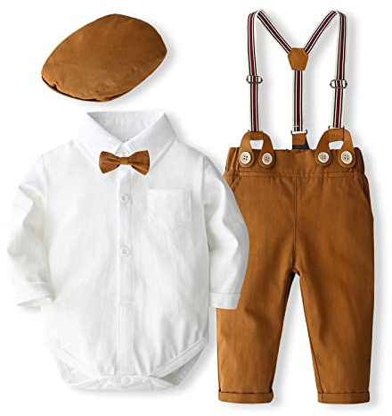 Geagodelia Completo Neonato 3 Pezzi Gentiluomo Tutina Camicia Manica Lunga+ Pantaloni con Bretelle + Cappello Abito Bambino Elegante Battesimo Cerimonia (Bianco, 12-18 Months)