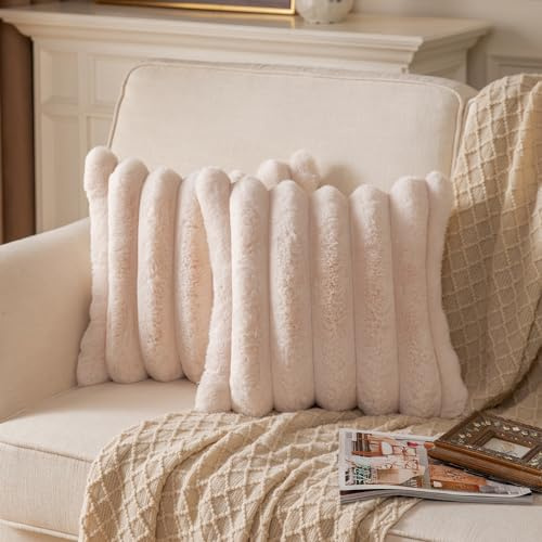 Yaertun 2er Set gestreifte Kissenbezug 45x45cm Beige dekorative Kissenbezüge Sofakissen Dekokissen Wurfkissenbezug zierkissenbezug plüsch Kunstfell Kissenhülle Schlafzimmer Wohnzimmer