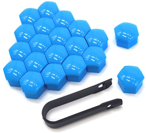 QitinDasen 20 Pezzi 21 mm Auto Ruote Copridado, Tappo Dado Bullone Ruota, Tappo a Vite Mozzo Ruote Auto Universale, Coperchio Dado Pneumatico Esagonali con Strumento di Rimozione (Blu)