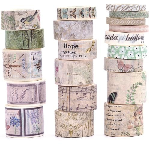 KAVI' S 20 Rollen Retro Washi Tape Set Dekorative Antik Rauschgold Masking Tapes Klebeband Bunt für Kunst, DIY Handwerk, Tagebuch, Planer, Scrapbook, Verpackung (Tracks in The Jungle)