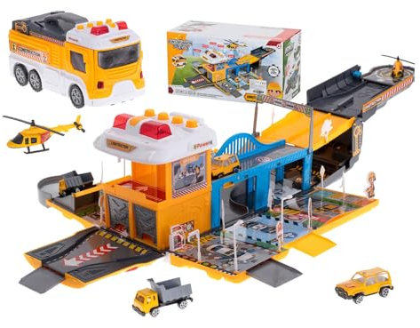 CELMAN LKW mit Mini-Autos Spielzeug 2in1 mit Effekten und – Multifunktionaler Spielzeug-LKW mit Doppelrutsche, inkl. Metall-Helikopter und Autos, ideal für Kinder ab ür 3 4 5 6 Jahren
