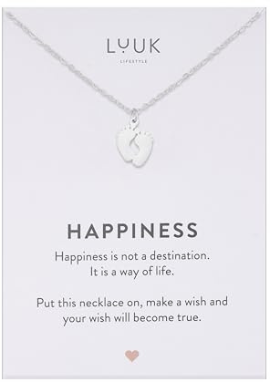 LUUK LIFESTYLE Collar con colgante pies y de acero inoxidable tarjeta frase HAPPINESS (50 cm), cadena resistente al agua, amuleto de la suerte, joyería minimalista, regalo para mujer, plateado
