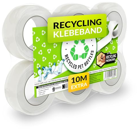 RECO Recycling Paketklebeband - 6 x 75m Extralang - 50mm volle Breite | Transparentes Paketband | aus über 90% recyceltem Material - Universal Packband Klebeband für Abroller
