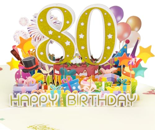 Magic Ants 80. Geburtstag Pop-up Karte, 3D Geburtstagskarte, Glänzende Zahl „80“, Mit Ballons, Geschenken und Feuerwerk, Mit Umschlag und Notizkarte