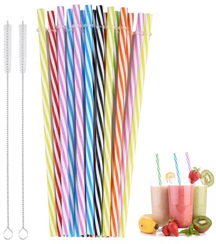 16 Pcs BPA Free Thick Plastic Drinking Straws - Reusable Striped Hard Straws with 2 Pcs Cleaning Brush for Tumbler Cocktails