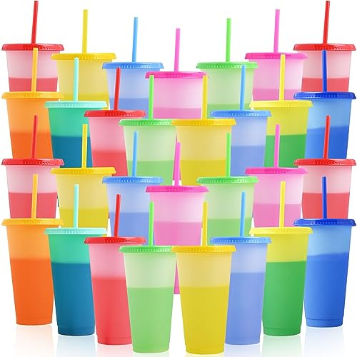 Malloom 30 Stück Farbwechsel Becher mit Deckel und Strohhalm, 700ml Plastikbecher Trinkbecher Becher,Wiederverwendbare Farbige Kunststoff Partybecher Travel Mug für Eiskaffee Milchshake Smoothie