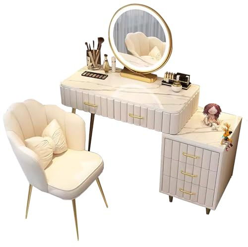 TAITUTE Set da Toeletta con Specchio a LED, 3 Colori, 5 Cassetti, Tavolo con Ripiani e Sgabello per Camera da Letto