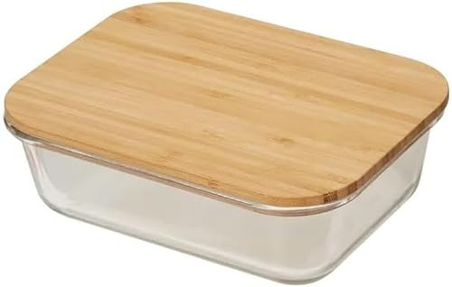 Modern Glass Food Storage Container with Bamboo Lid, 20cm x 15cm x 6cm/ 1L, Kitchen Organization/Fridge Storage/Fresh Food Preserver (Large)