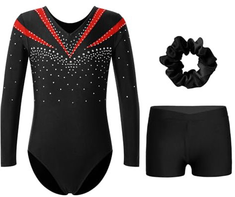 Miutii Mädchen Turnanzug Glitzer Gymnastikanzug mit kurze Hose Haarband Langarm Gymnastik Leotard Kinder Ballettanzug Turnen Trikot Tanzkostüm Rot 134-140