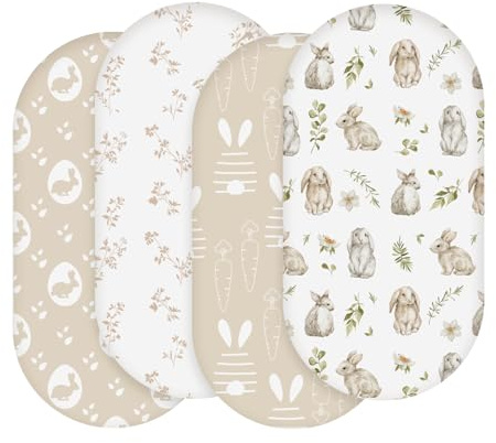 Soarwg Kids Moses Basket Crib Fitted Sheets, 4-Pack, 82x41cm | Rabbit design. Soft cozy lightweight. Fits oval, hourglass 82x41cm. Oeko-Tex.