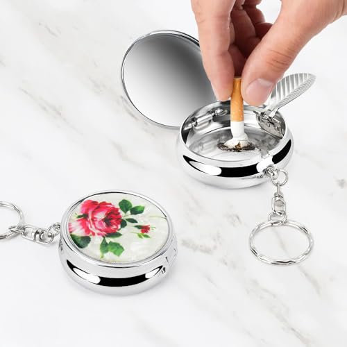 HMIEPRS 2Pcs Portable Pocket Ashtray, Mini Round Stainless Steel Vehicle Cigarette Ashtray with Key Chain and Cigarette Snuffer, Modern Ash Holder for Travelling and Outdoor Use (Colored Pattern)