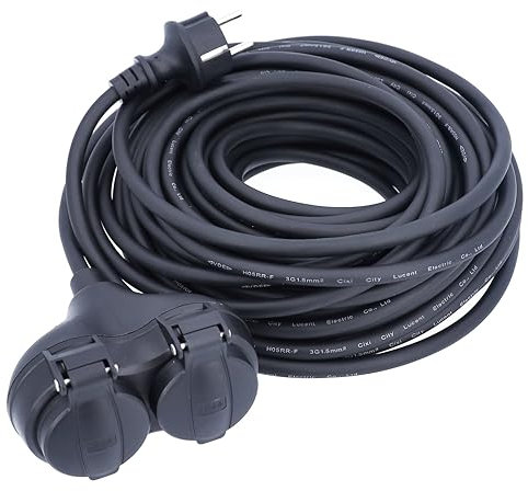 as - Schwabe Gummi-Verlängerungsleitung, 20 m H05RR-F 3G1,5 Kabel mit Schutzkontaktstecker und 2-Fach Schutzkontaktkupplung inkl. Schutzkappe, Verlängerungskabel 230V, 16A, IP44, Schwarz, 60662