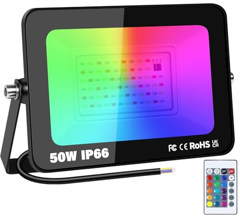 YOJZMA 1 x 50W RGB Faretto LED Esterno con Telecomando 5000LM Proiettore | Senza Spina, Dimmerabile, Stroboscopiche, Cambio Colore, 175-265V, Impermeabile, Fari LED per Giardino, Feste, Palco, Partito