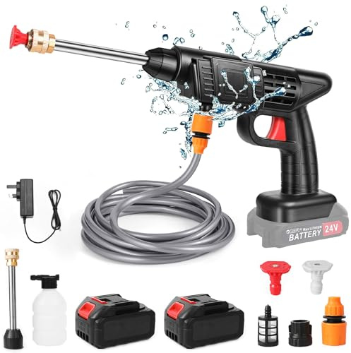 Hochdruck-Waschpistole, 24 V Akku, Press & Clean Pistole mit Akku und Ladegerät, Hochdruckreiniger zum Waschen und Bewässern (2 Batterien)