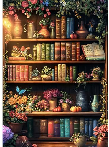 CEOVR Diamond Painting Kits Estantería,5D Diamond Painting Kit Completo,Animal Pintura de Diamantes Arte 30x40 cm,DIY Diamond Painting Kits,Libros y Sala de Flores Diamond Art Kits