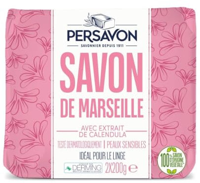 Persavon - Douceur Savon Marseille Calendula, Testé dermatologiquement, Parfum de Calendula, Origine Naturelle - 2x200 gr