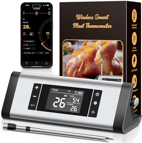 Termometro Cocina, 243M Bluetooth Termometro Digital Cocina Inalámbrico con Aplicación, IP67 a Prueba de Agua Meat Thermometer Con pantalla LCD, Función de Alarma, Ideal para Parrilla, Horno, BBQ