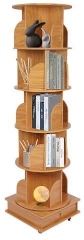 Tyvotrend 5-stöckig 360° Drehbares Bücherregal, Bücherschrank Standregal Drehregal, Mobil Bücher Regal mit Stoff-Schränkchen und Rollen, für Wohnzimmer Schlafzimmer, 46x173cm (Log Color)