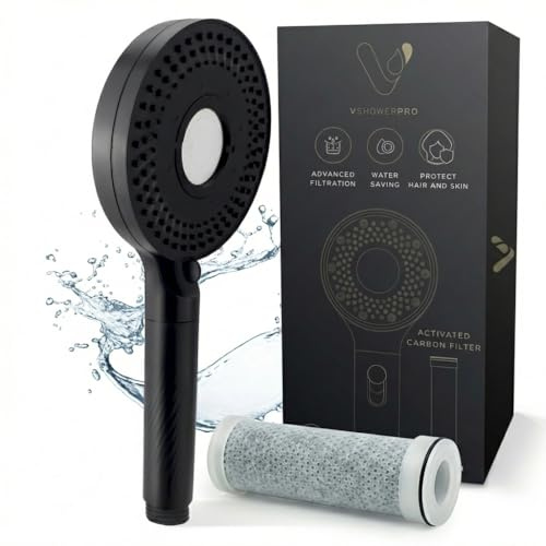 V Shower Pro Hard Water Filter Shower Head, High Pressure Large Water Saving Handheld Showerhead, Removes Chlorine,Water Softener, 5 Spray Modes, Black