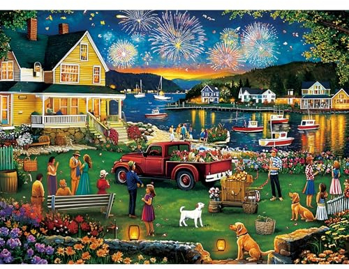 300 Piece Puzzle for Adults,Fun Summer Party Puzzle for Adults Kids Elderly,Large Piece Fireworks Puzzles for Kids Age 8-10 10-12,Challenging Fun Landscape Art Puzzle,Family Game Great Gift 20.5x15in
