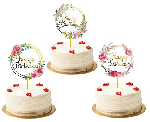 Happy Birthday Cake Topper, Gold Cake Decorations, Birthday Cakes Toppers for Women, HSC 3PCS Floral Acrylic Cakes Topper Set with Laser-Cut Flower Patterns, Elegant Birthdays Party Decor Supplies