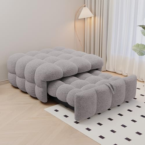 FAYICIC Polsterbett, 2-in-1-Fußhocker, Ausziehbares Schlafsofa, Einzelbett, Puffy-Bett,Teddy-Stoff (Grau)
