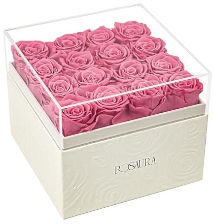 Rosaura Square Preserved Roses Gift Box - Real Forever Flowers in Clear Acrylic Lid, Valentine's for Women (Pink, 16 Roses)